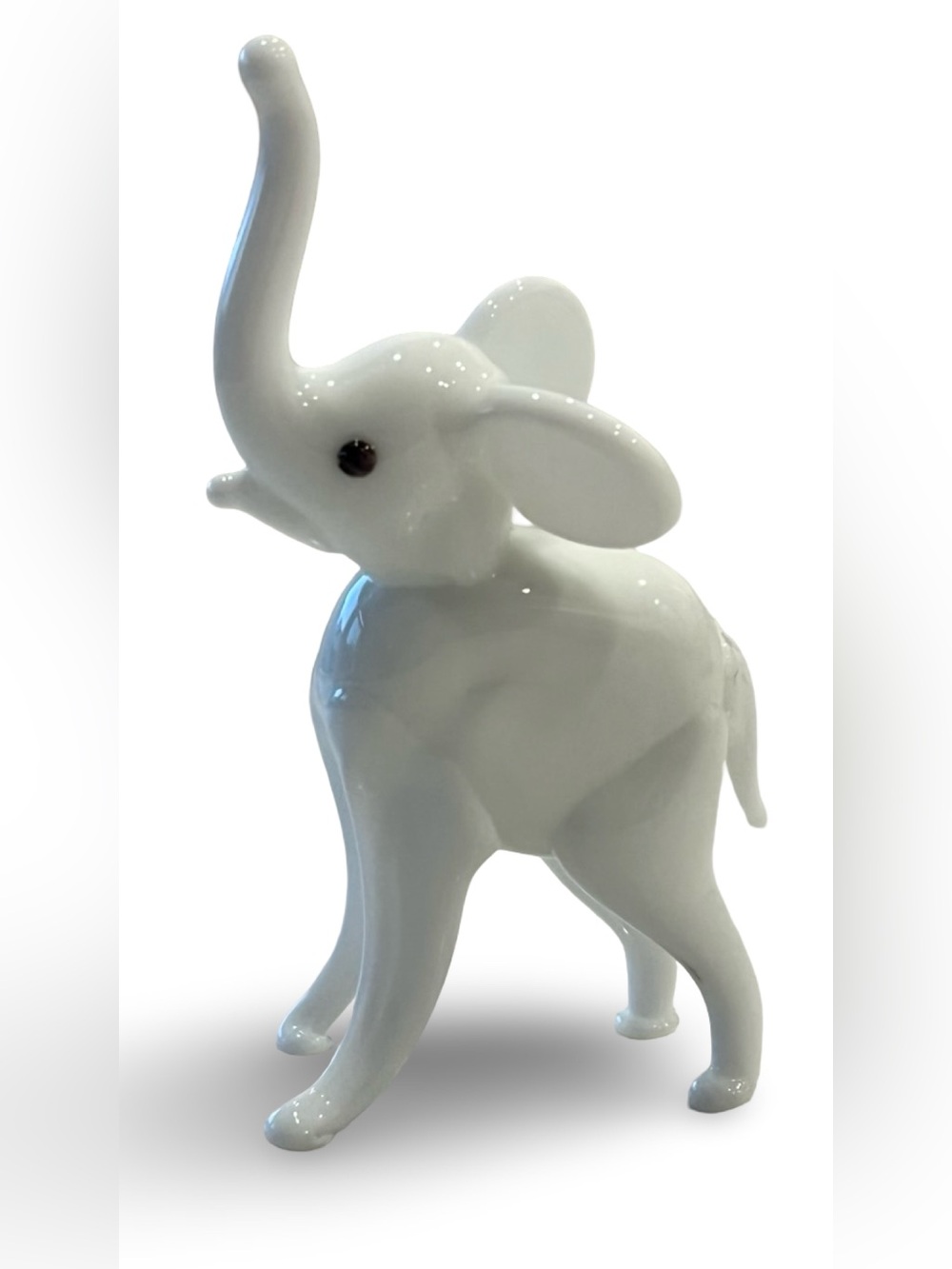 Milky White Glass Hand Blown Elephant Figurine Trunk Up 3”